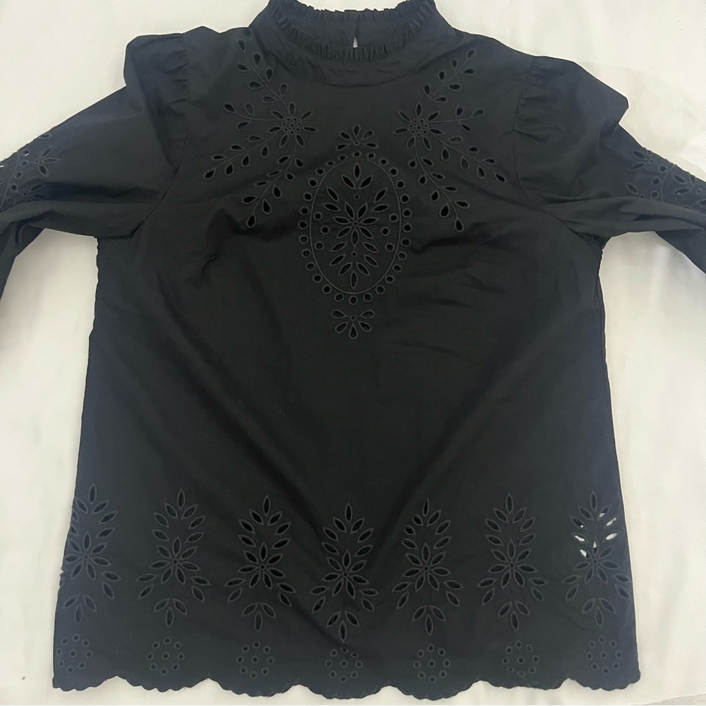 J.‎ Crew Women’s Black Embroidered Eyelet Poplin Mock Neck Blouse Sz XXS - Picture 8 of 12